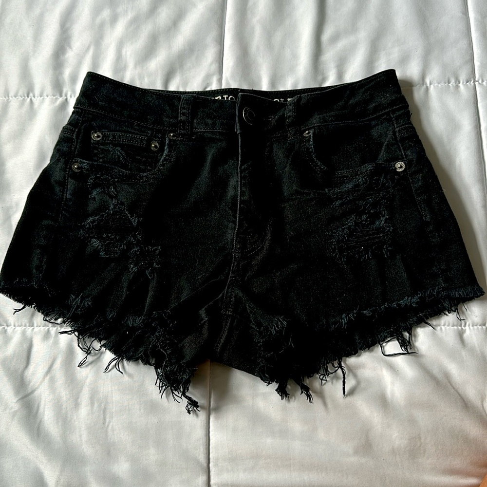 American Eagle Hi Rise festival distressed denim shorts
